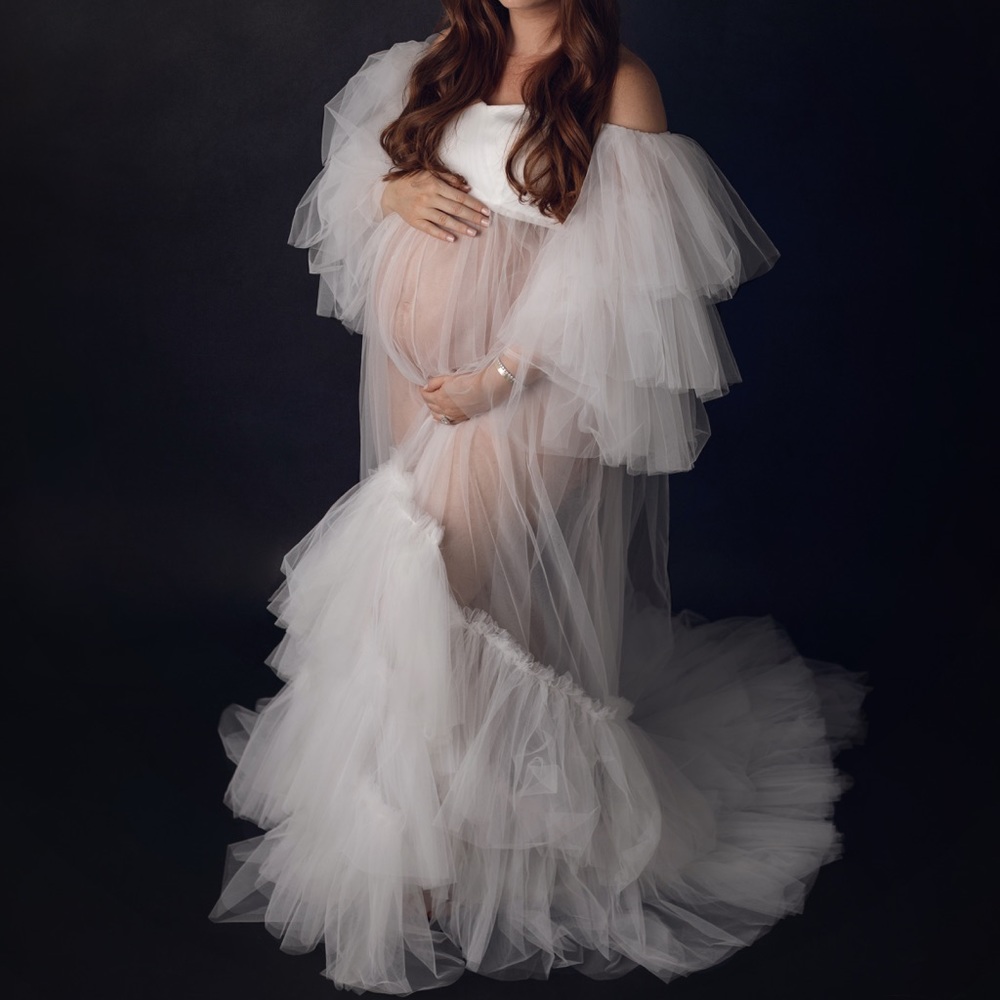 Gorgeous Sheer White Tulle Maternity Photoshoot Gown